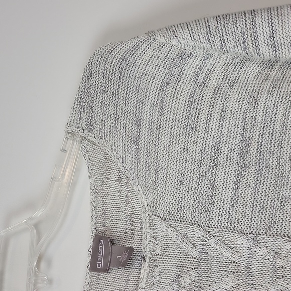 CHICO'S White Black Gold Space Dye Scoop Neck 3/4 Sleeve Tunic Sweater - S - Picture 3 of 10